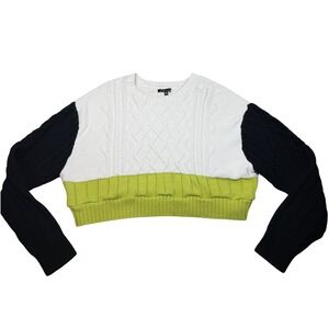 Kendall Kylie Colorblock Cable Knit Crop Sweater Womens Medium White Lime Cotton
